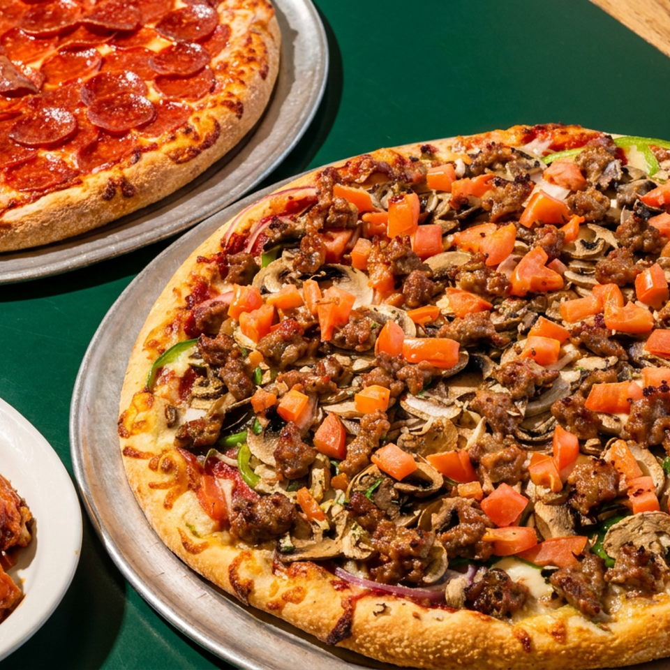 Two pizzas, one pepperoni and one with sausage, mushrooms, and tomatoes, with a side of wings.