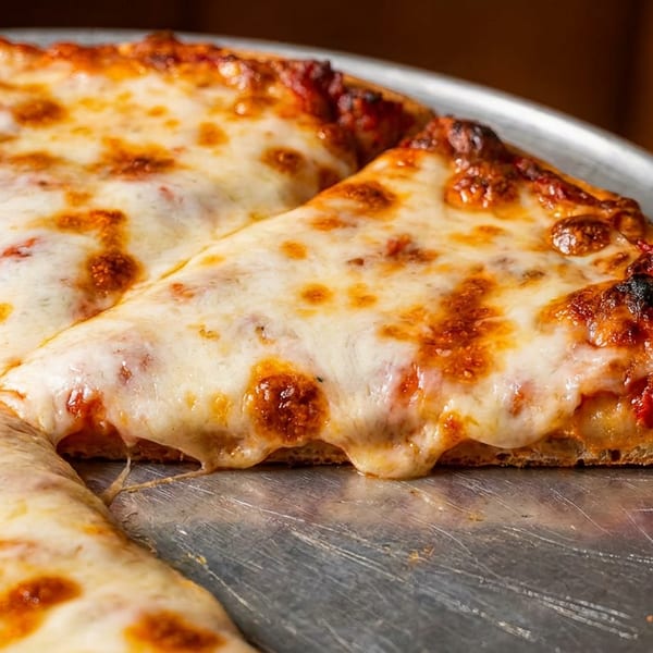 Close-up of a cheese pizza on a metal pan, with a slice pulled away showing melted cheese.