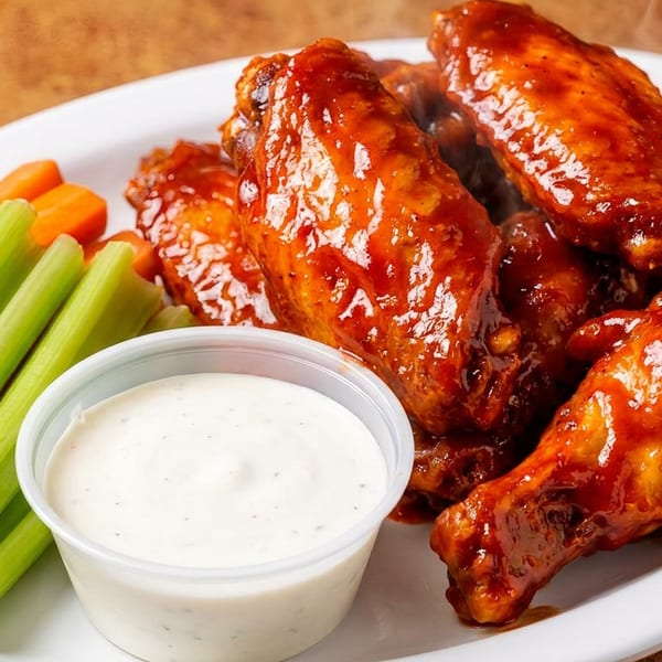 A plate of buffalo wings with celery sticks, carrot sticks, and a side of ranch dressing.