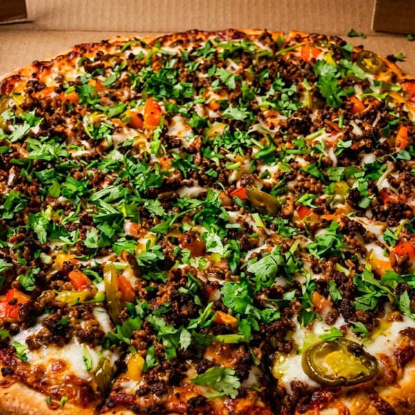 A delicious pizza with ground meat, chopped peppers, and fresh cilantro in a cardboard box.