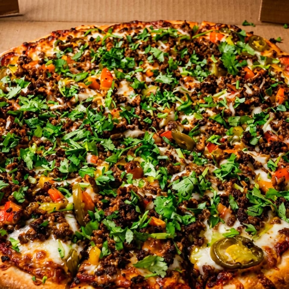 A whole pizza in a cardboard box, topped with ground meat, cheese, peppers, and fresh cilantro.