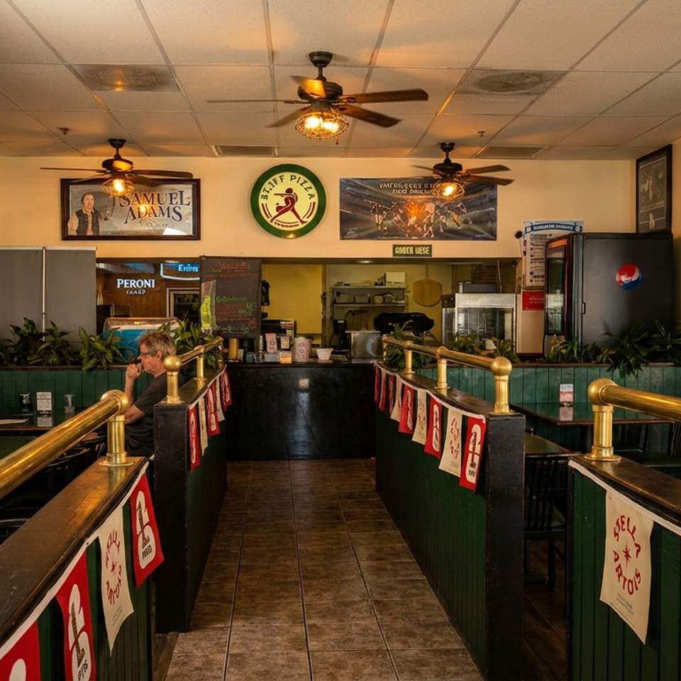 Interior of a casual pizza restaurant with green booths, brass railings, and a counter in the back.