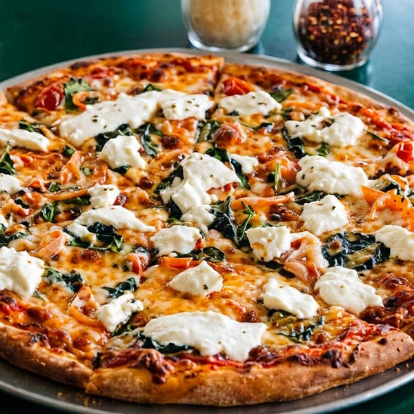 A whole pizza with ricotta cheese, spinach, and tomatoes on a metal pan.