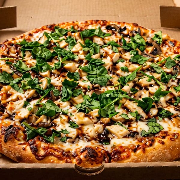 A whole pizza with chicken, mushrooms, spinach, and balsamic glaze in a cardboard box.