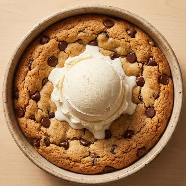 Warm chocolate chip cookie skillet with a scoop of melting vanilla ice cream on a wooden table.